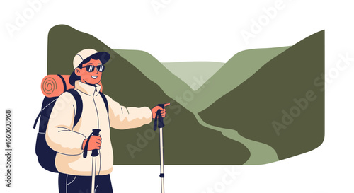 Hiker Enjoying Mountain Views While Pointing With Trekking Pole Towards the Horizon