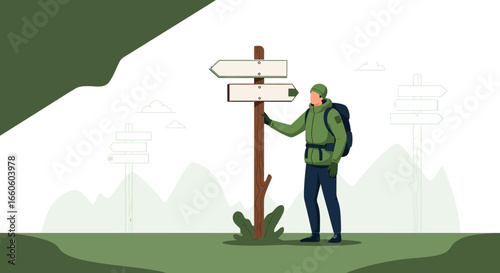 Hiker Finds Himself At A Crossroads With Directional Signpost In Nature