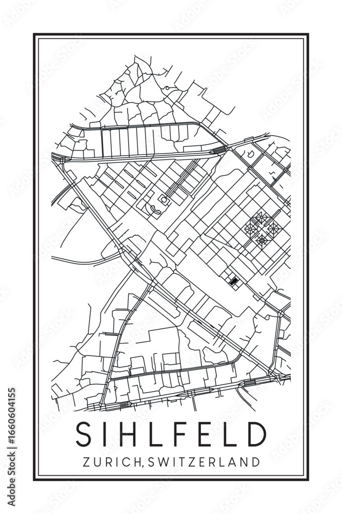 Obraz premium Hand drawn printable downtown road map poster of the Swiss city of ZURICH-SIHLFELD on solid white background with city name