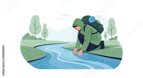 Hiker Resting Near Water Stream Touch River Freshness After Trekking Trip