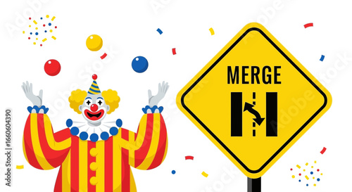 Humorous Illustration Of A Clown Juggling Before A Merge Road Sign