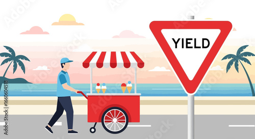 Ice Cream Vendor On a Road Near The Beach With a Yield Sign