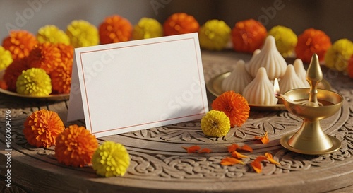 Mockup of a Ganesh Chaturthi greeting card placed on a festive wooden table with marigold flowers, modak, and diya lamp, soft light, front-facing card with empty space for text, commercial layout.