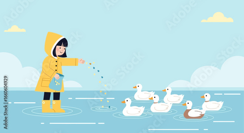 Illustration of a girl feeding ducks in the water wearing a yellow raincoat