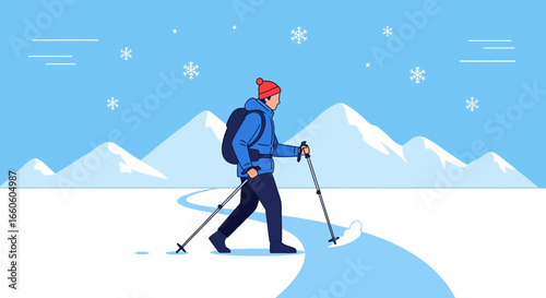 Illustration of a hiker trekking through a snowy mountain landscape with poles