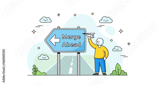 Illustration of a person holding a paper airplane near a merge ahead road sign concept of directions