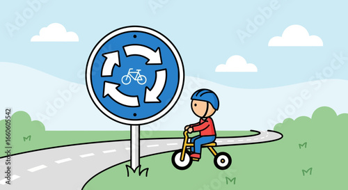 Illustration Of Little Boy Riding A Tricycle On A Designated Bicycle Path