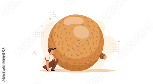 Intrigued Man Studies an Enormous Spherical Object Against a Plain Backdrop