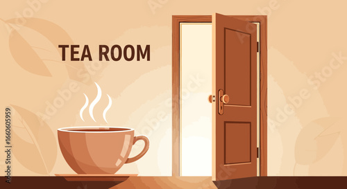 Inviting Tea Break Illustration Open Door Leading to Serene Environment