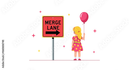 Little Girl With Balloon Next To A Merge Lane Sign With Stars