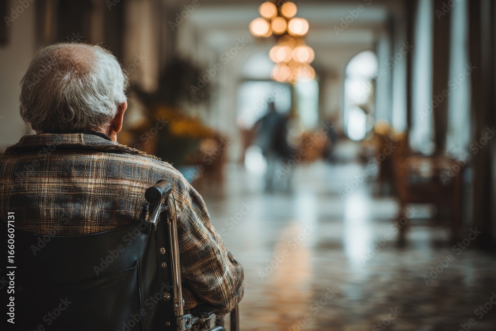 Obraz premium Dejected elderly man in a wheelchair awaiting family at a care facility