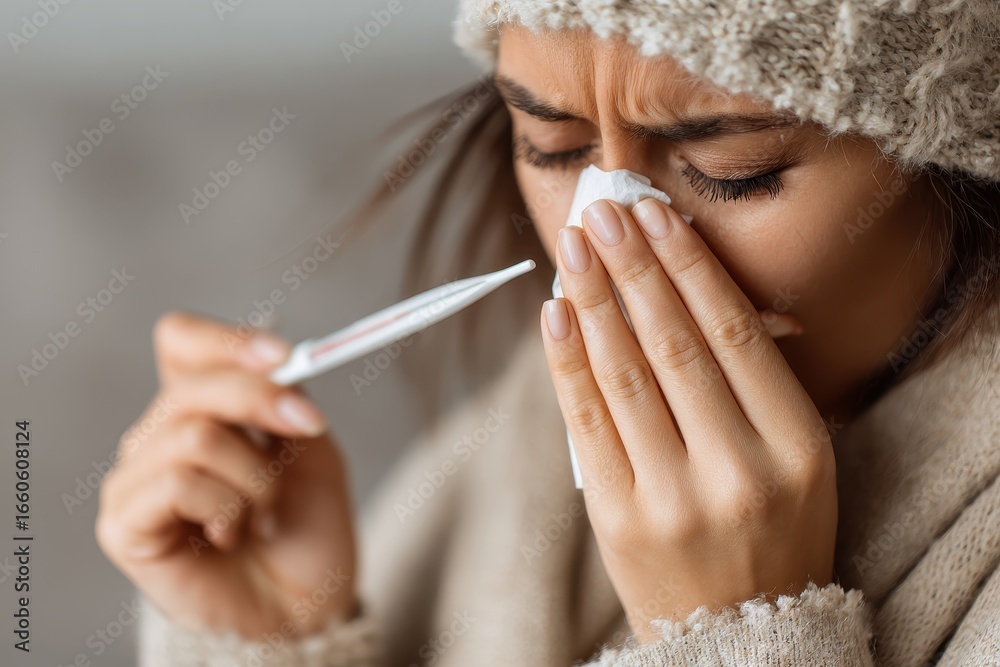 Obraz premium Close up of a young woman with influenza resting at home showing fatigue fever sneezing and using a thermometer to check her temperature during a viral illness
