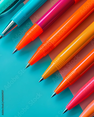 A close-up view of several colorful pens arranged diagonally on a vibrant, two-toned background.