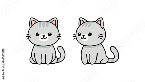 Two adorable gray tabby cats sitting side by side with sweet expressions and curled tails shown clearly