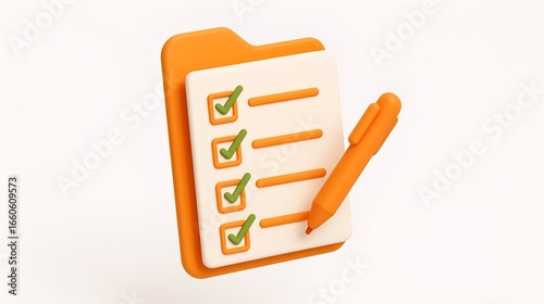 3D checklist icon with green checkmarks and an orange pen for task management and organization