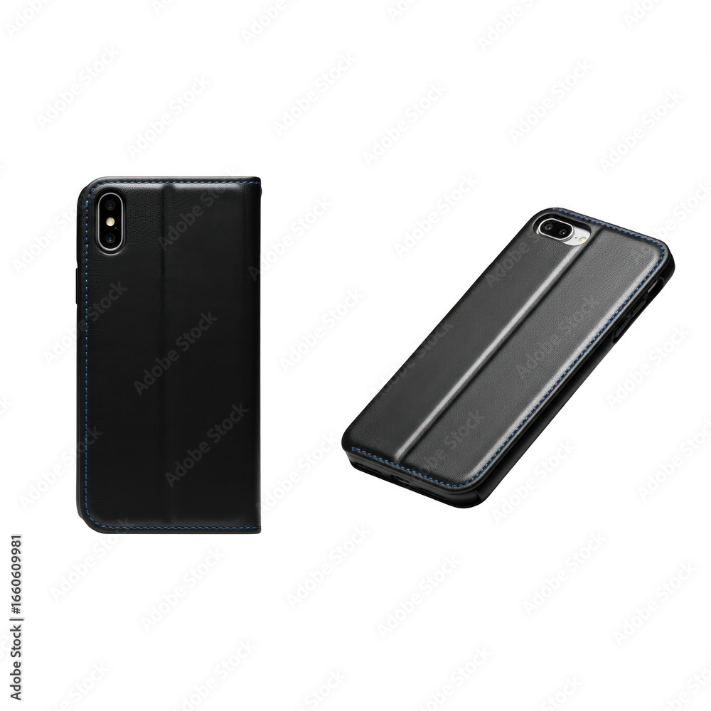 Naklejka premium Two black smartphone cases displayed from different angles isolated on transparent background