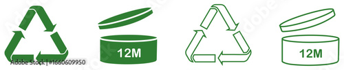 Recycling signs, PAO 12m icons on white background. Period after opening symbol 12M and recycle symbol. Recycle, 12m, pao, period after opening, expiration, makeup, skincare, ecology, eco, 12pap, 1pet