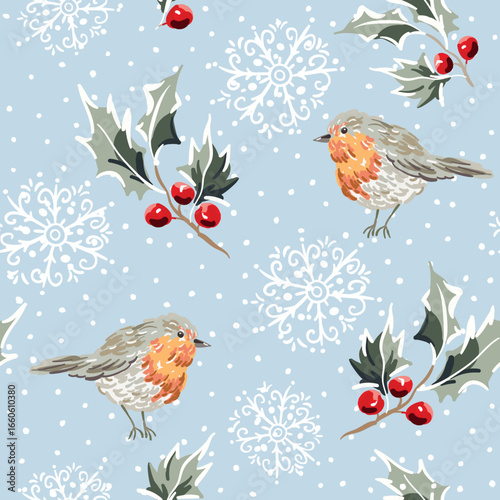 Christmas seamless pattern, robin birds, holly twigs with red berries, snowflakes, snow, gray background. Vector illustration. Nature design. Season greeting. Winter holidays