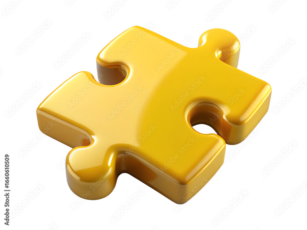 Obraz premium 3d illustration of a single, glossy yellow jigsaw puzzle piece with interlocking edges, isolated on a transparent background