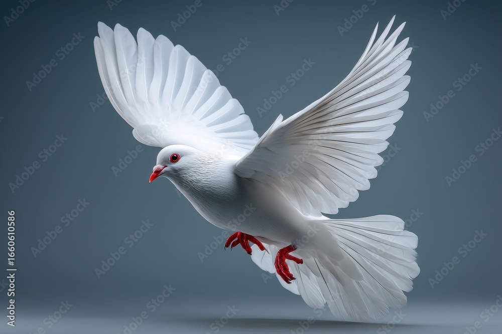 Fototapeta premium Majestic white dove soars gracefully against a tranquil backdrop, embodying peace and freedom in flight