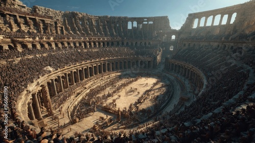 An impressive view of the ancient colosseum filled with people watching