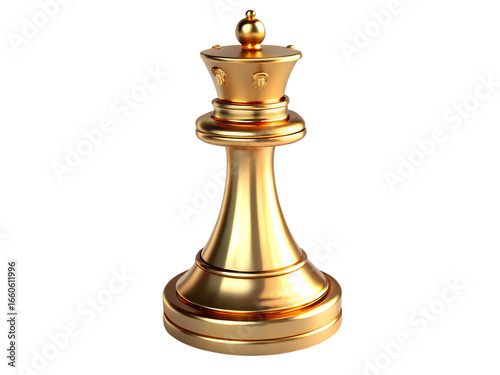 3d illustration of a gleaming golden chess queen piece, symbolizing strategy, leadership, and victory, isolated on a transparent background