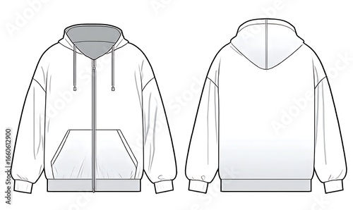 Zip-Up Hoodie fashion flat technical drawing template. Zip-Up Hoodie technical fashion illustration. front and back view. oversized. drop shoulder. unisex. white color. CAD mockup.