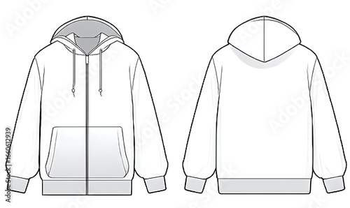 Zip-Up Hoodie fashion flat technical drawing template. Zip-Up Hoodie technical fashion illustration. front and back view. oversized. drop shoulder. unisex. white color. CAD mockup.