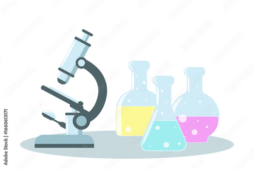 Illustration, microscope, laboratory flasks with liquid, chemistry Illustration, microscope, laboratory flasks with liquid, chemistry