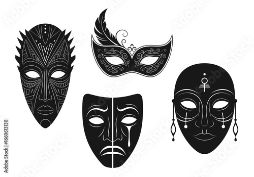 An array of four stylized masks with different designs and expressions displayed together nicely
