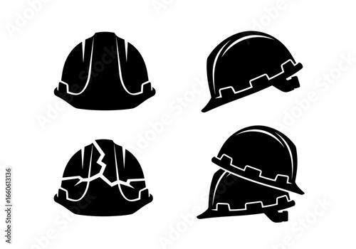 Four construction helmets showing different views and conditions in a graphic representation