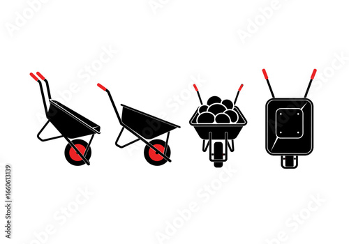 Four illustrations of wheelbarrows with red handles and wheels in different positions and with stones