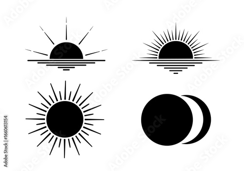 Four celestial icons depicting sunrise over water and a lunar eclipse arrangement graphic art