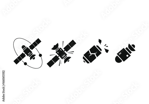 Four stages of a satellite: orbiting, damaged, broken, and final stage of a satellite icon set