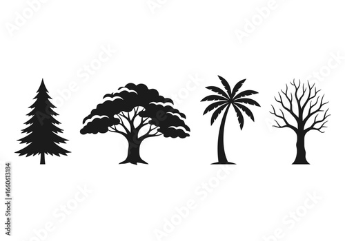 Four distinct tree silhouettes arranged side by side showcasing different species and forms in a row