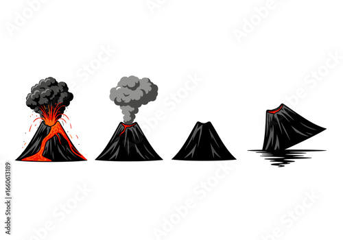 Four stages of volcano eruption shown with lava and smoke on a white plain illustration style