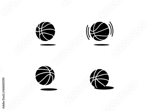 Four illustrations depicting a bouncing basketball with varying impact representations shown clearly isolated