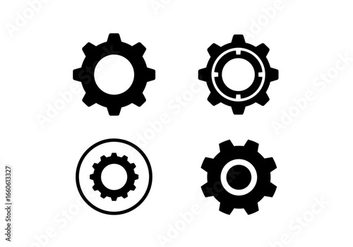 Illustration of four gears arranged in a square formation on a white plane view flat lay