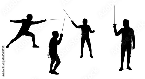 Silhouettes of fencers wielding foils in various poses against a plain white presentation area