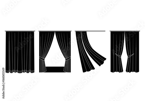 Four illustrations of window coverings in various positions and tie styles on a plain setting