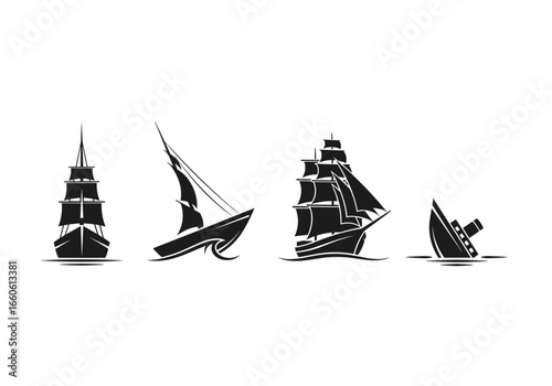 Four sailing vessels depicted in a row showing a progression from afloat to sunken in the water
