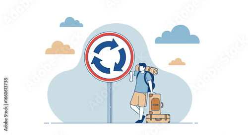 Lost Tourist Beside A Roundabout Road Sign Concept For Unexpected Journeys