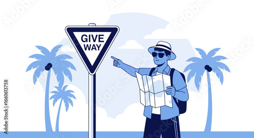 Lost Tourist Navigating Tropical Island Road With Map And 'Give Way' Sign