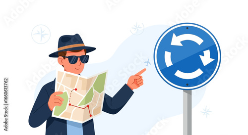Lost tourist with map tries to figure out how to navigate roundabout road signs during his vacation in a new city