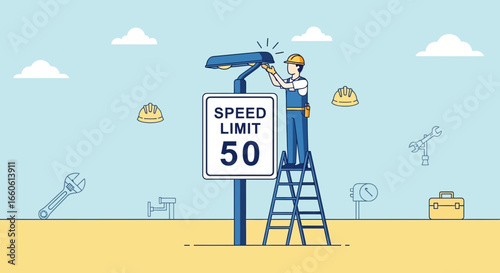 Maintenance Worker Replacing Street Light Behind Fifty Speed Limit Sign
