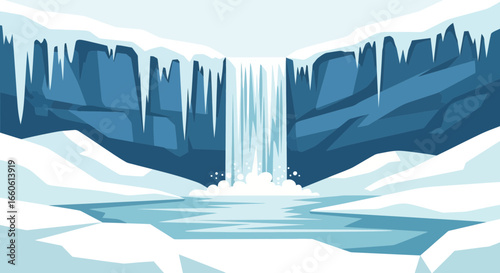 Majestic Waterfall Cascading Down Frozen Cliffs In A Winter Landscape