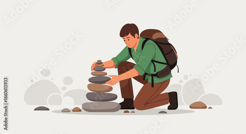 Man Builds Stone Cairn Hiker Balancing Rocks Outdoors On Adventure