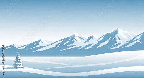 Majestic Winter Peaks And Sole Evergreen Tree Against A Muted Blue Backdrop