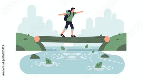 Man Adventure Balancing On A Log, Outdoor Activities And Travel Lifestyle