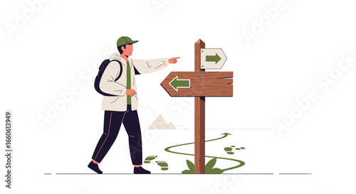 Man At Crossroad Chooses A Direction While Hiking In Nature Landscape